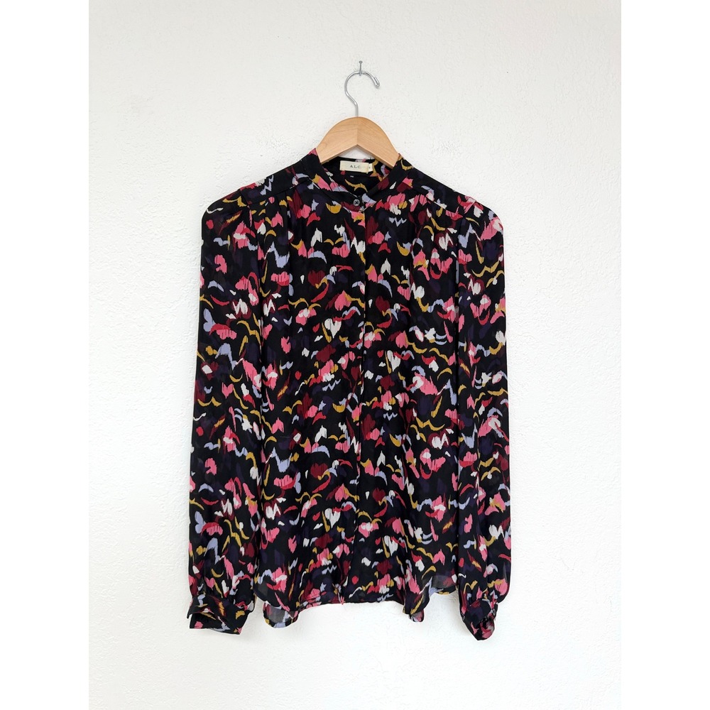 A.L.C. Silk Abstract Ikat Print Blouse Black Multi Long Sleeve Band Collar Small